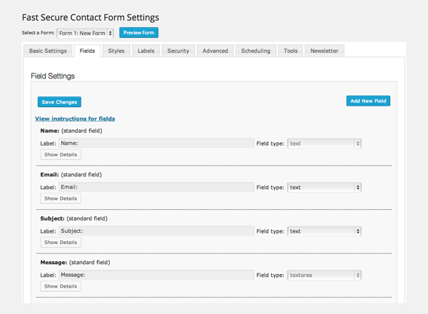 Fast_Secure_Contact_Form_voorbeeld_settings
